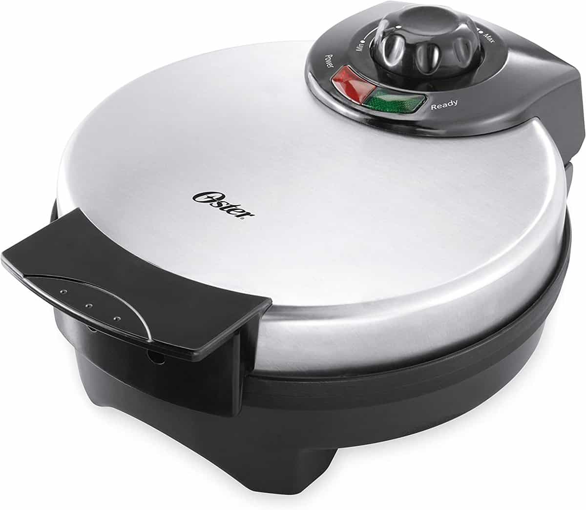 Best Reviewed Waffle Maker: Oster Belgian Waffle Maker in Stainless Steel Round.