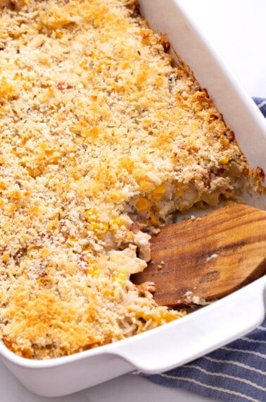 Ultimate chicken casserole in a baking dish.