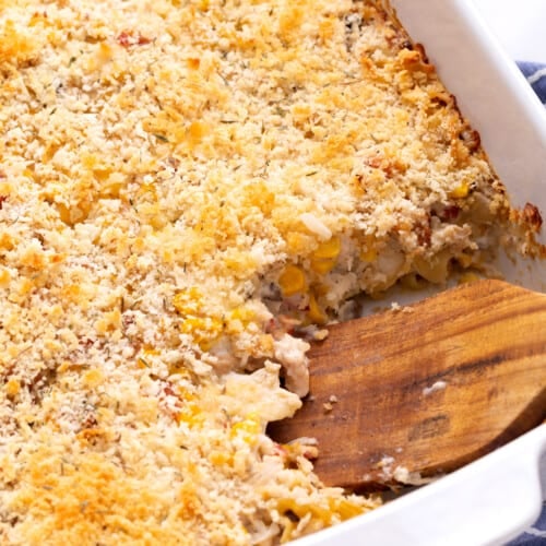 Ultimate chicken casserole in a baking dish.