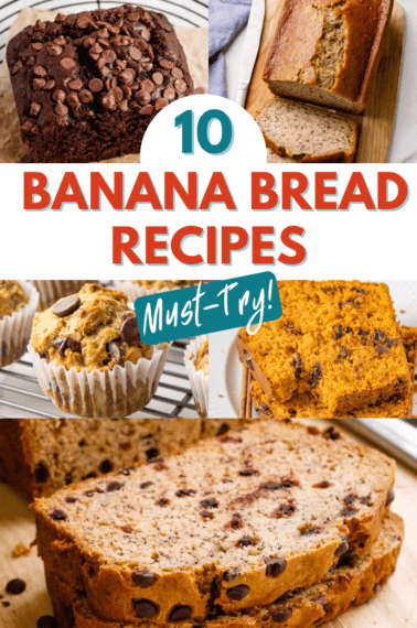 Collage of banana bread images reading "10 banana bread recipes".