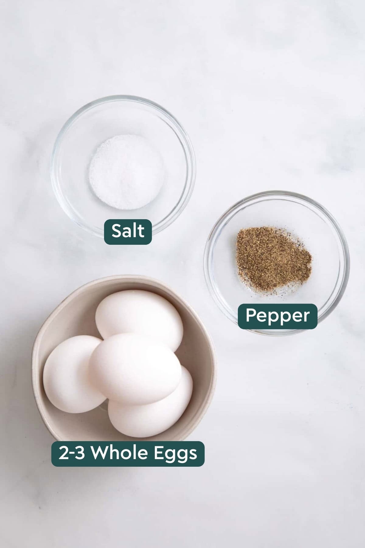 Ingredients for air fryer eggs: eggs, salt, and pepper.