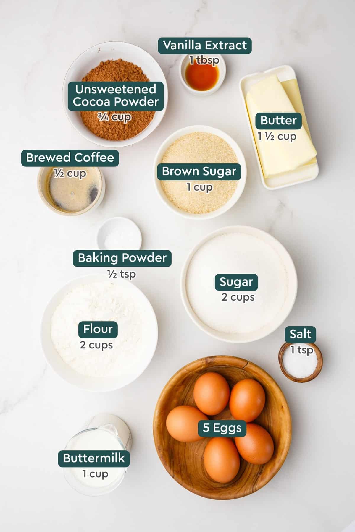 Ingredients for chocolate pound cake, including vanilla, butter, cocoa powder, brown sugar, coffee, baking powder, sugar, flour, salt, eggs, buttermilk.