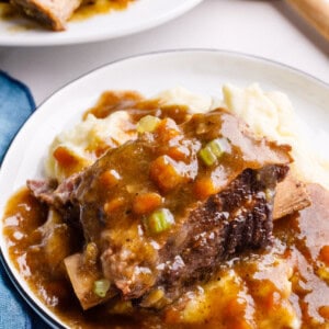 A plate of Instant Pot short ribs over mashed potatoes.