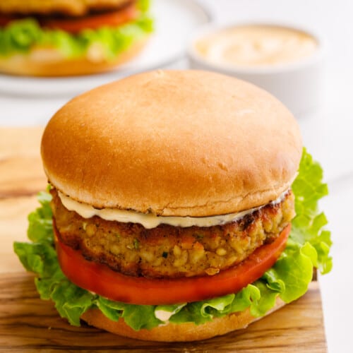 A crab cake sandwich on a Brioche bun.