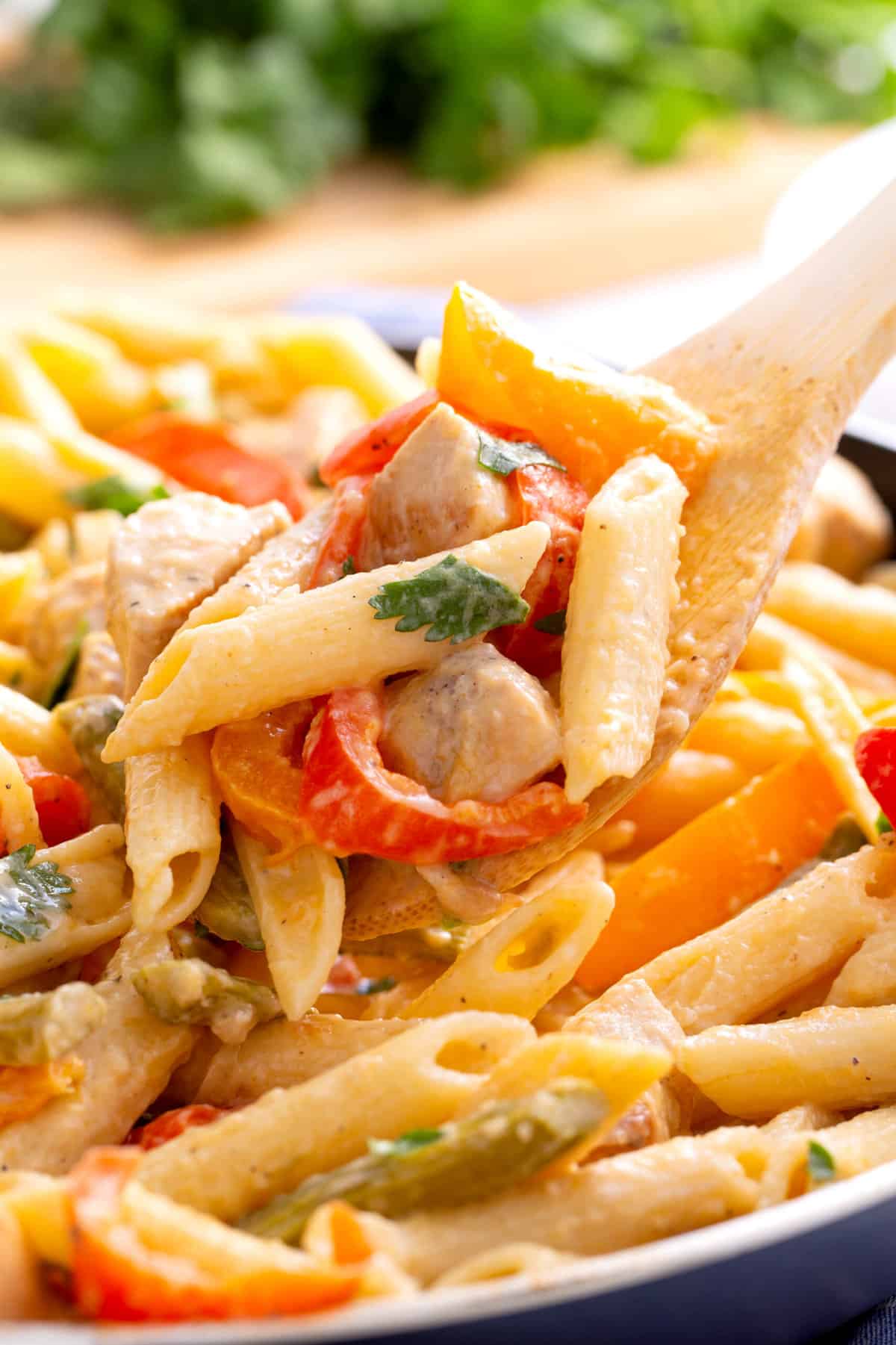 close up image of spicy chicken chipotle pasta