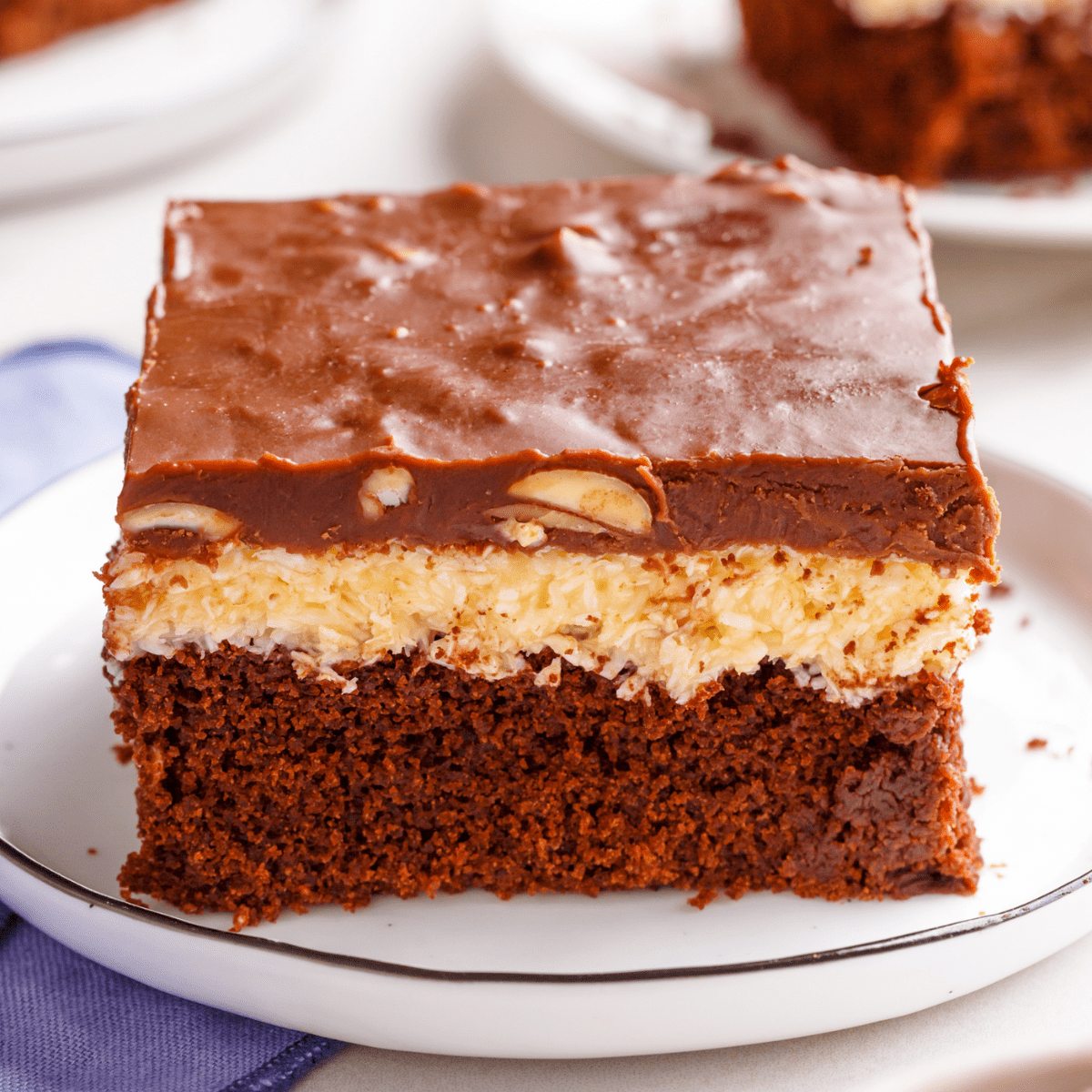 A slice of Almond Joy cake on a plate.