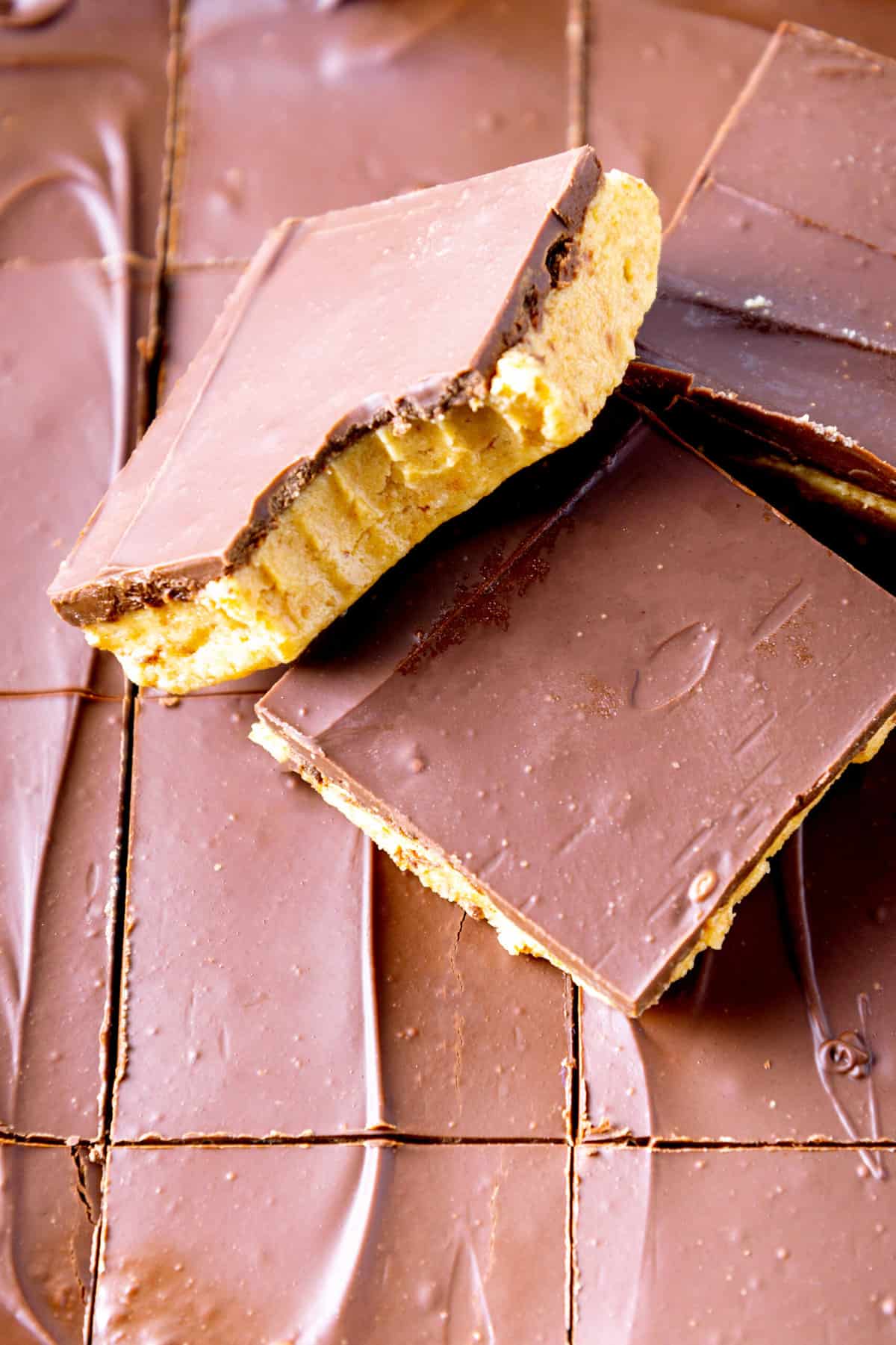 close up image of a no bake peanut butter bars