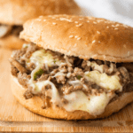 A philly cheesesteak sloppy joe sandwich.