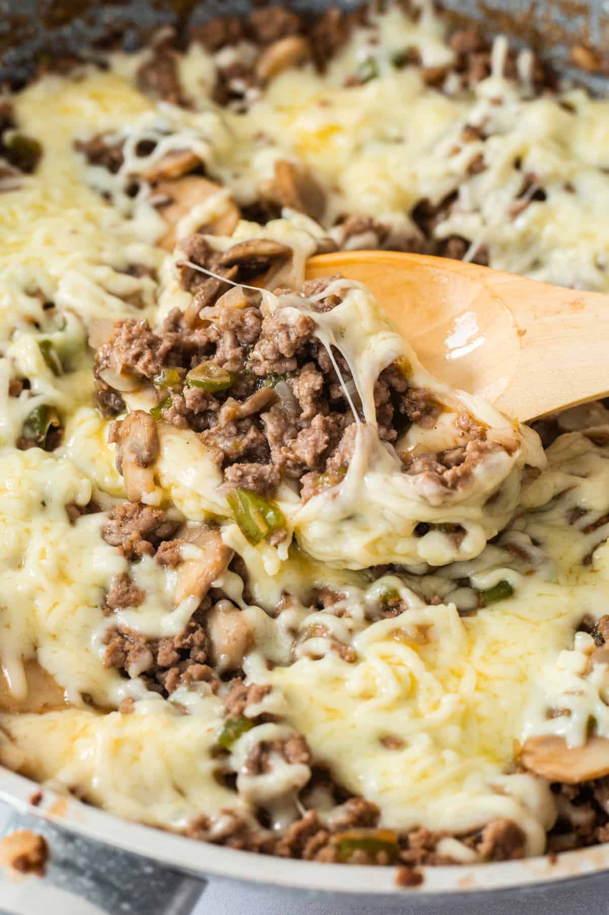 close up image of a pan of philly cheesesteak sloppy joe