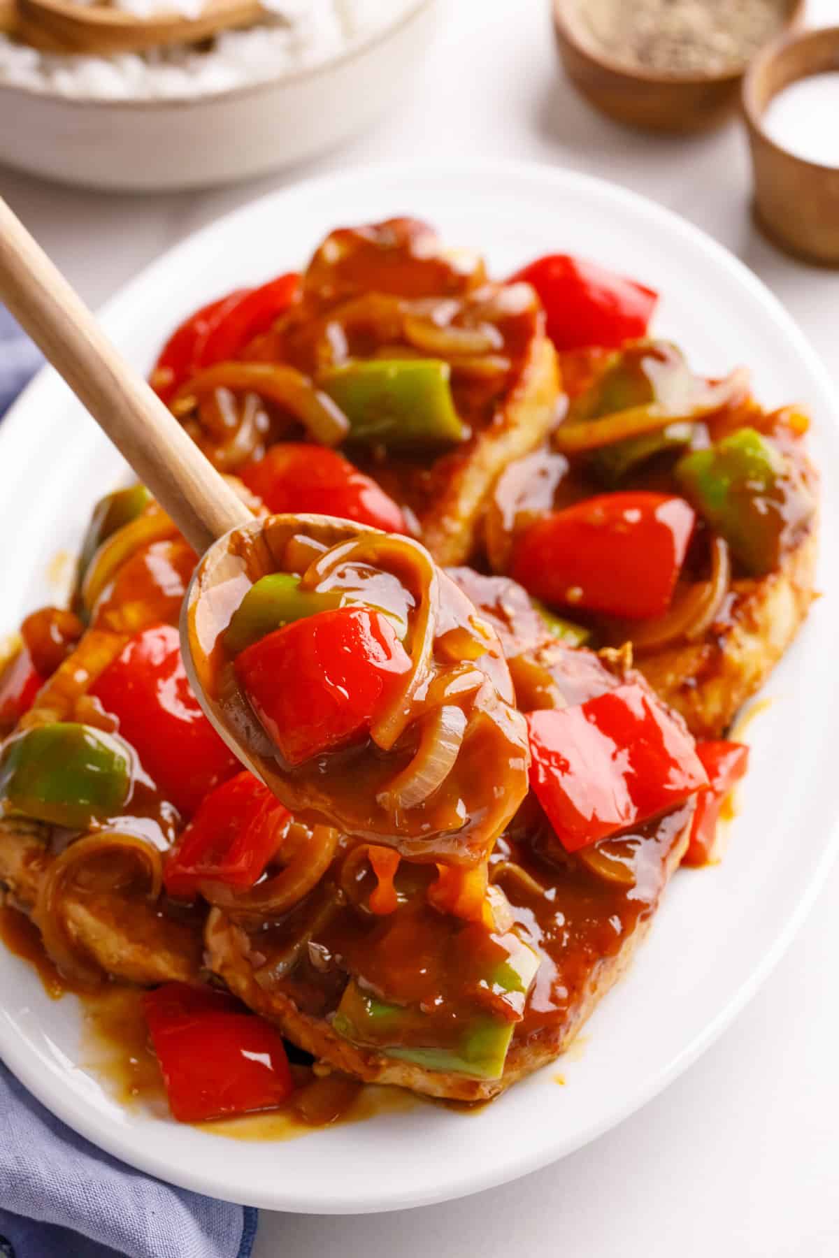 close up image of a plate of sweet and sour pork chops