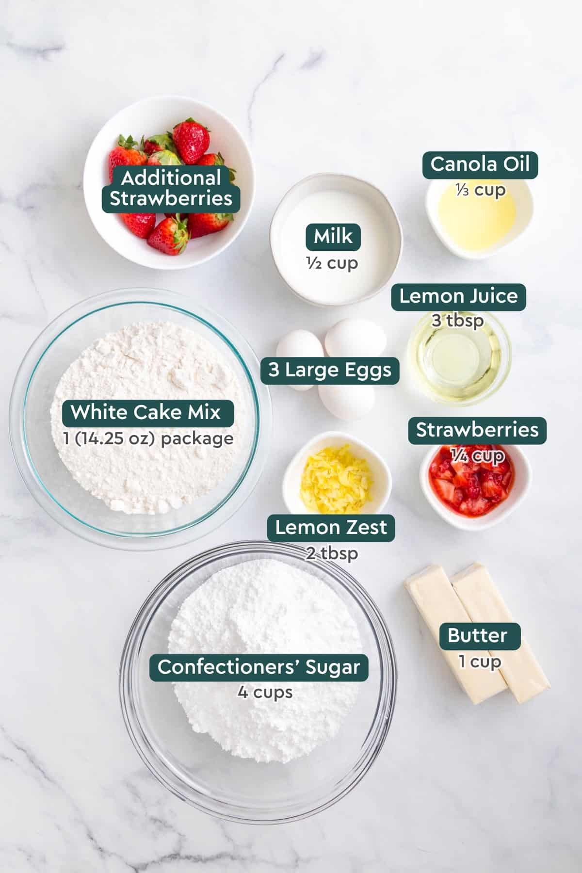 ingredients for strawberry lemon cupcakes, including berries, milk, oil, eggs, lemon, cake mix, butter, confectioners sugar.