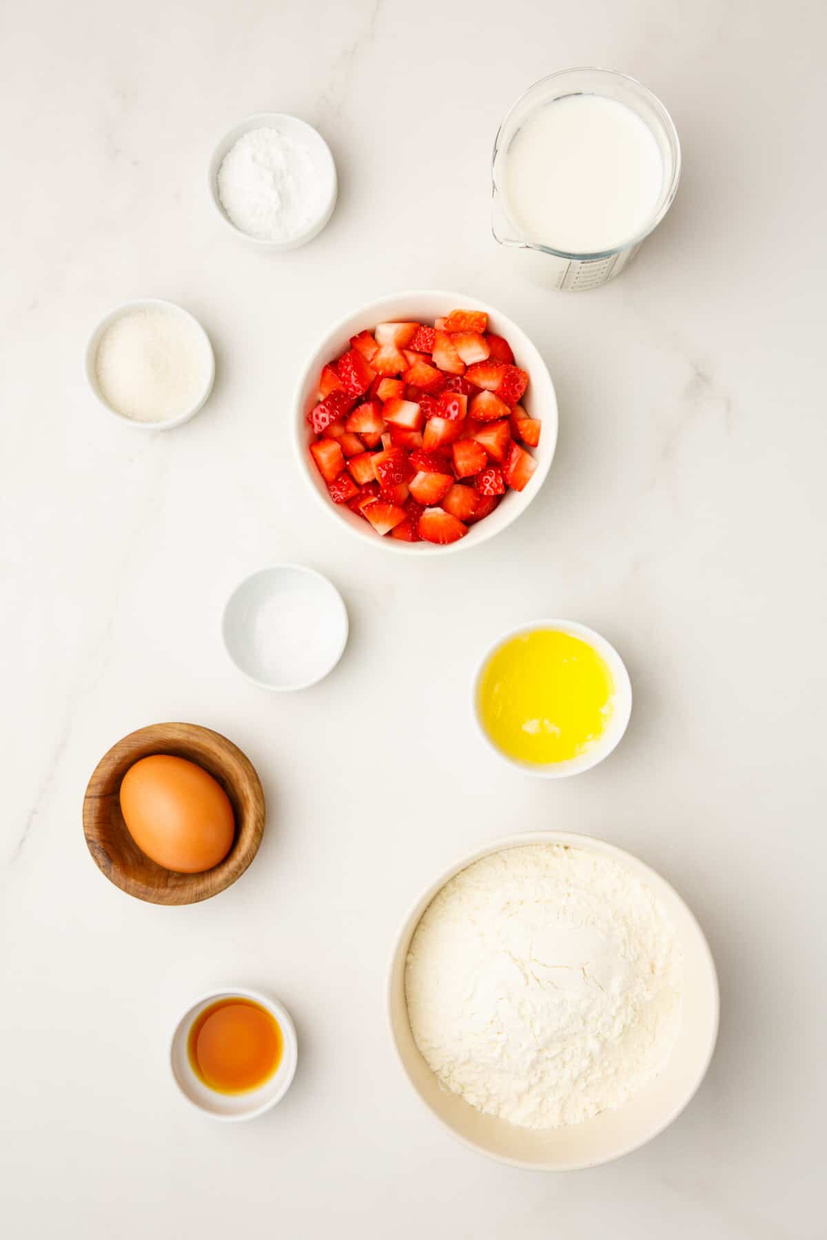 overhead view of ingredients for strawberry pancakes