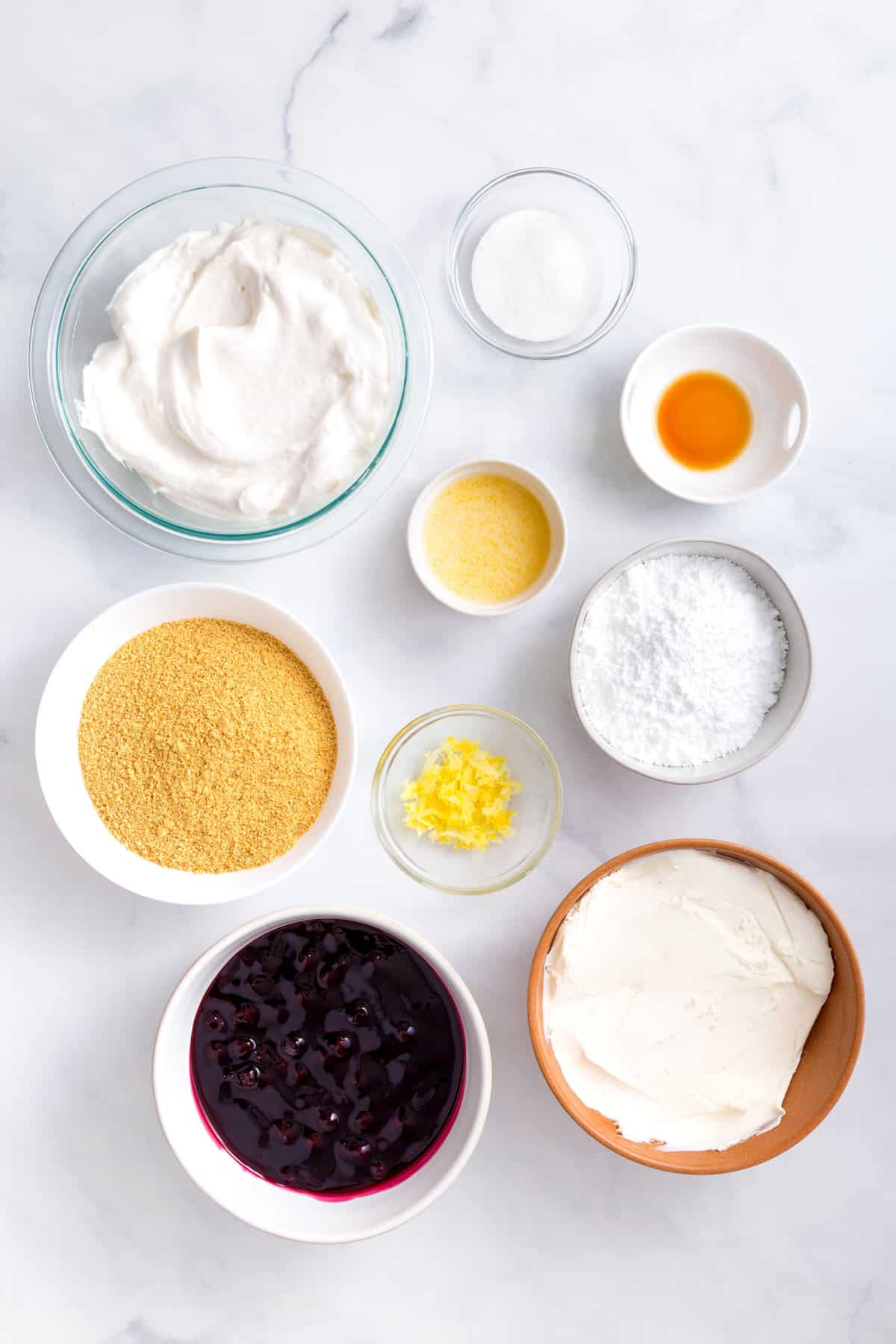 ingredients to make no-bake blueberry cheesecake