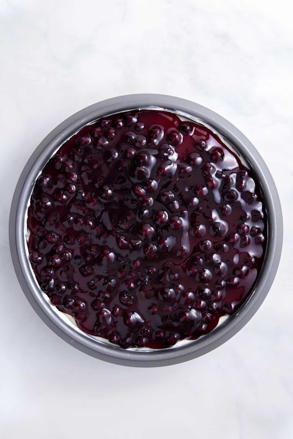 round springform pan with no-bake blueberry cheesecake