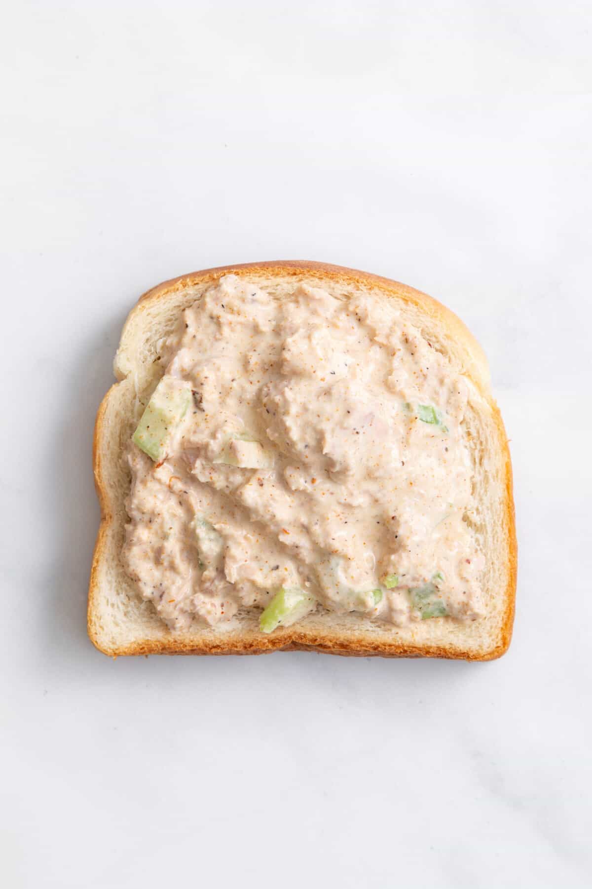 Tuna salad on slice of bread.