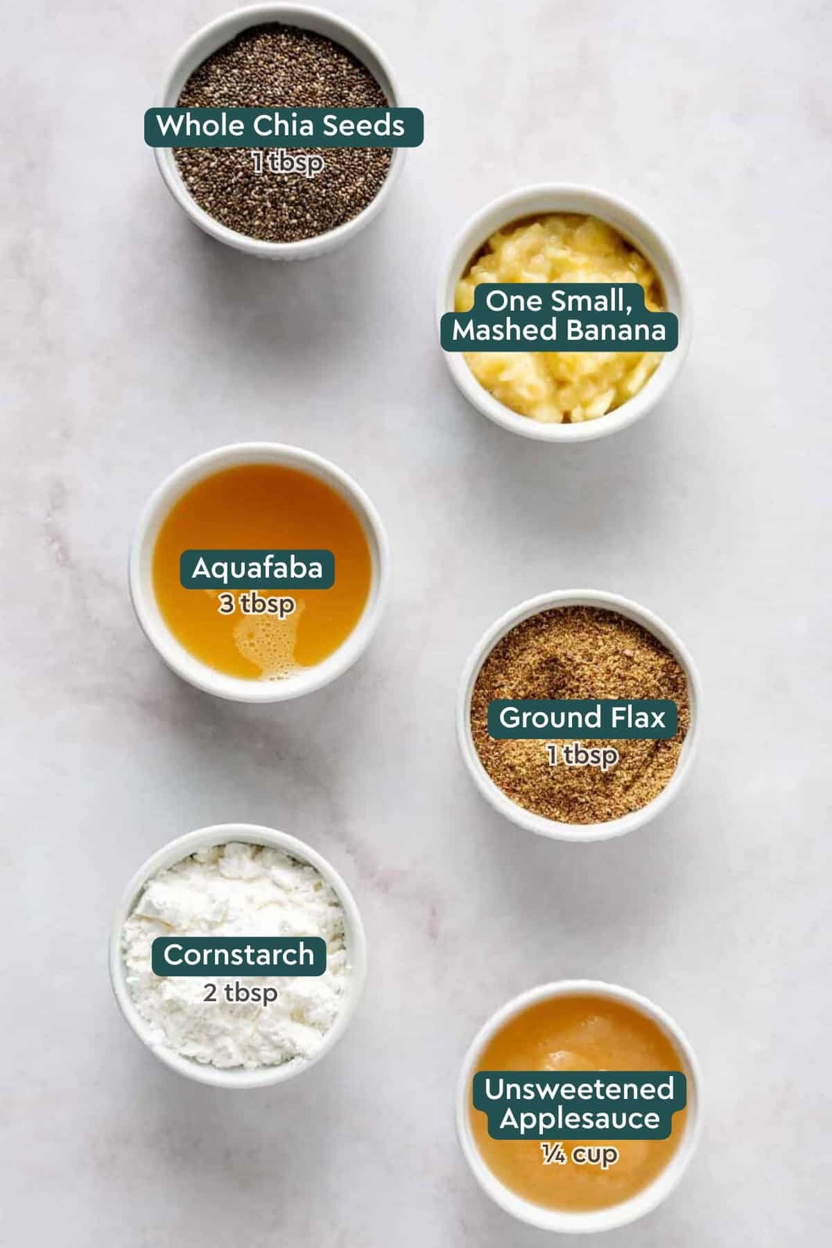 Egg replacers for baking, including chia, banana, aquafaba, flax, cornstarch, applesauce.