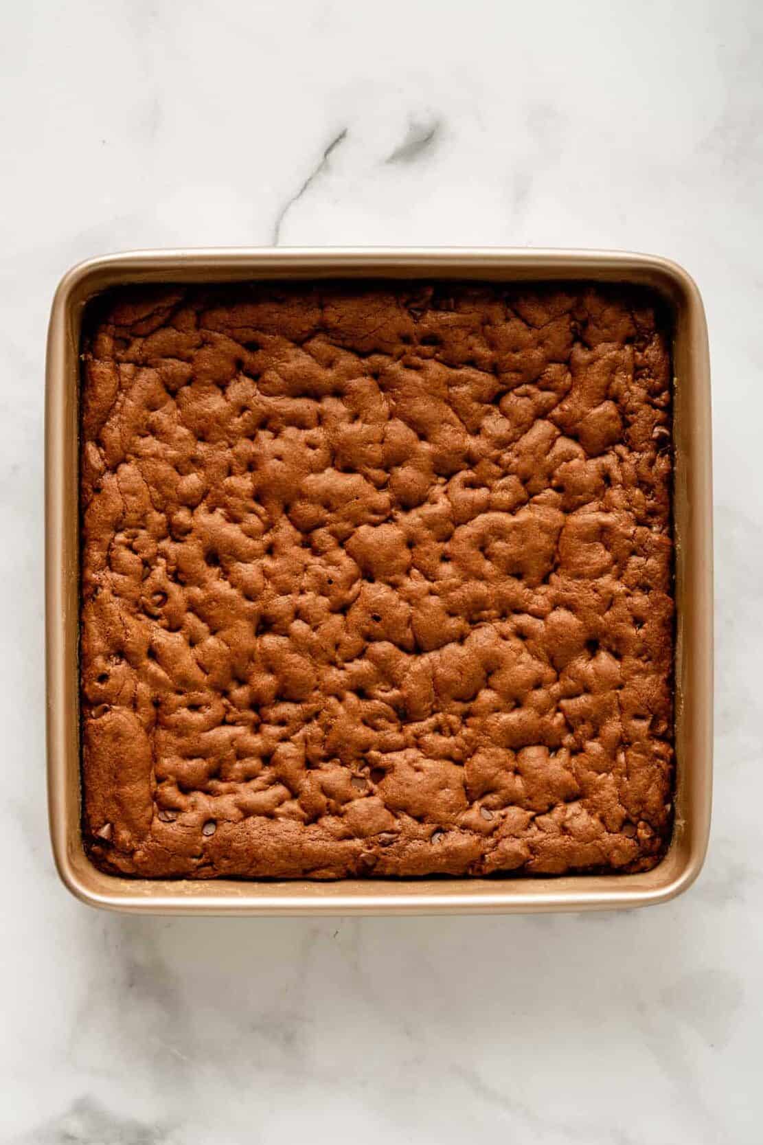 baked cake mix brownie in an 8x8 baking dish