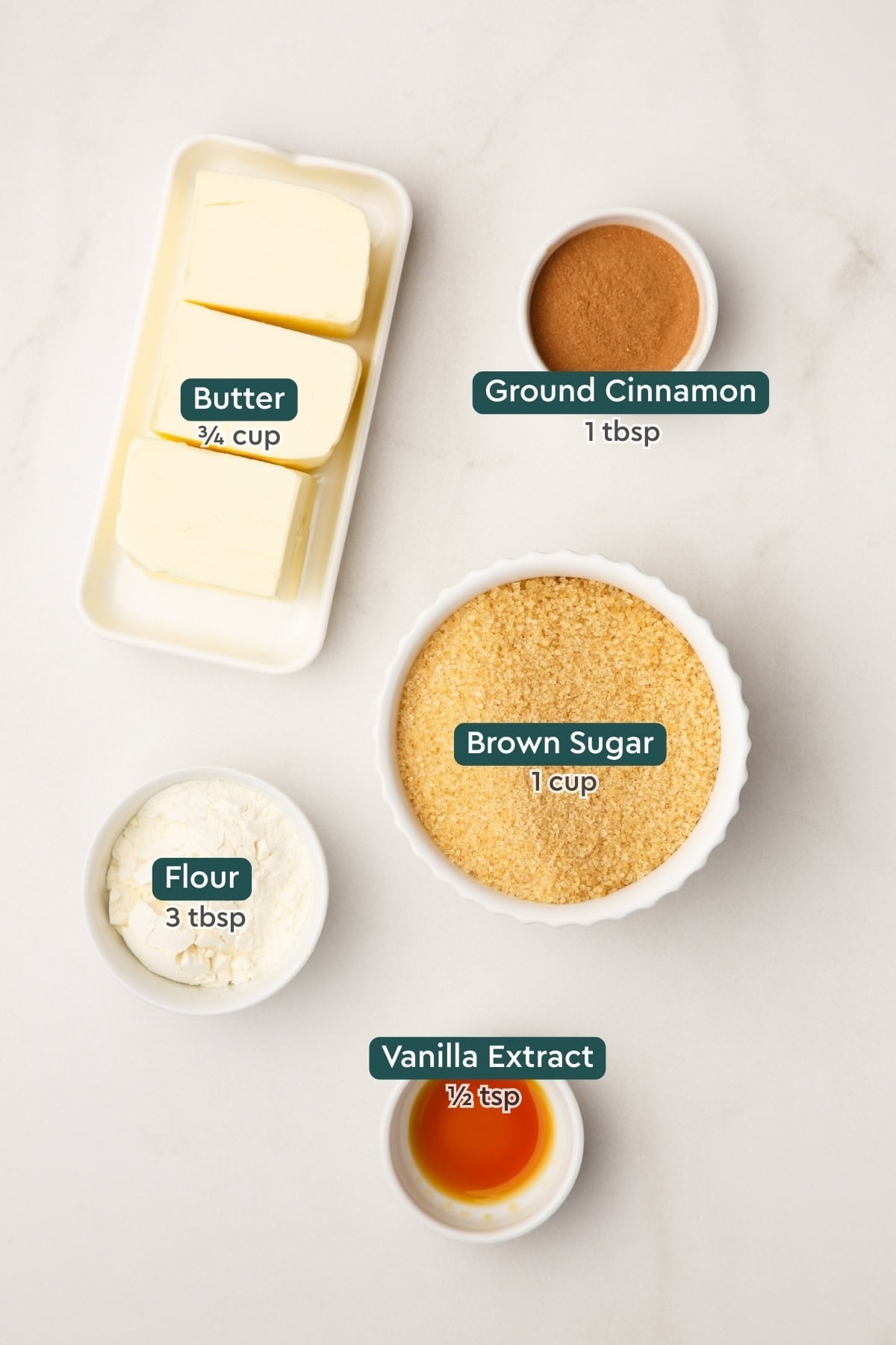 Ingredients for cinnamon swirl, including butter, cinnamon, brown sugar, flour, and vanilla.