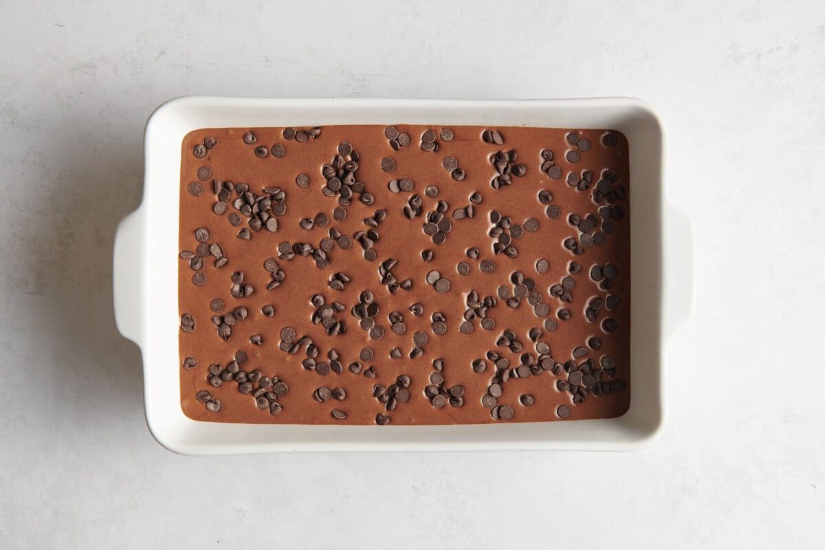 Cake batter and chocolate chips added to baking dish.