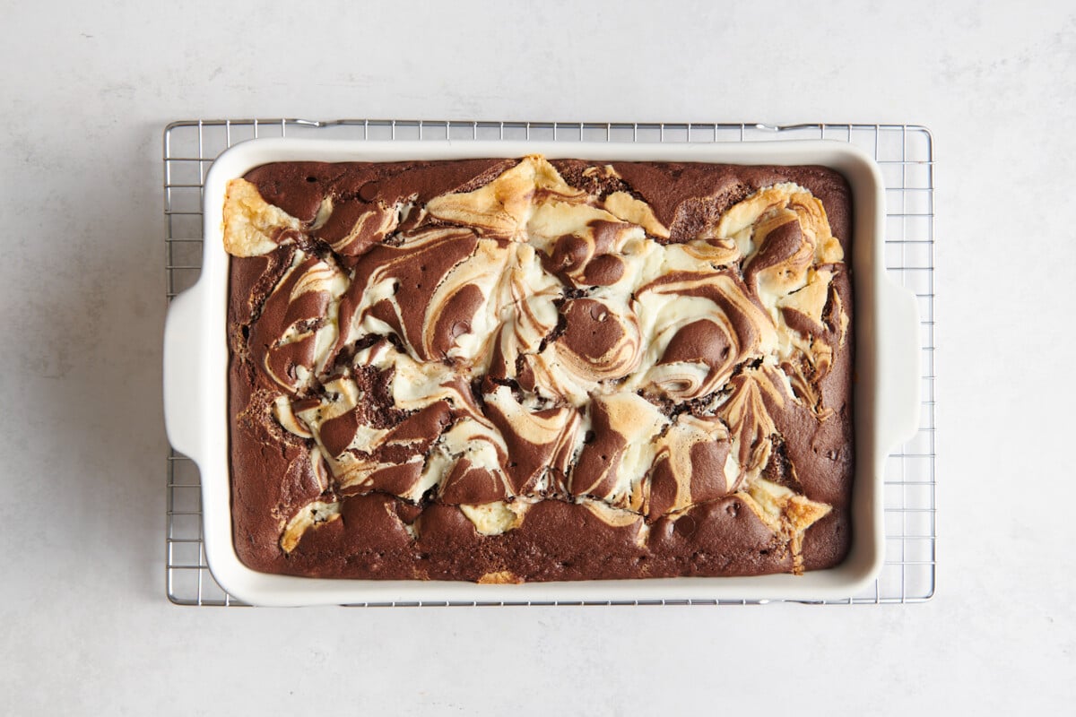 Baked earthquake cake in baking dish.