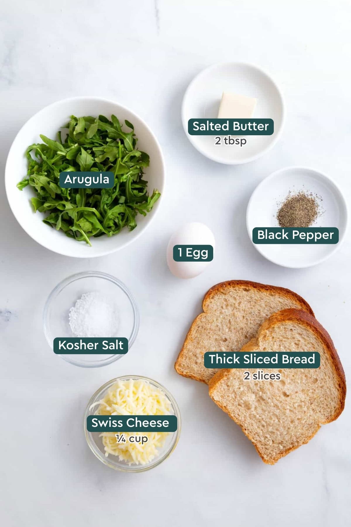 Ingredients for fried egg sandwich: butter, egg, pepper, salt, bread, cheese.