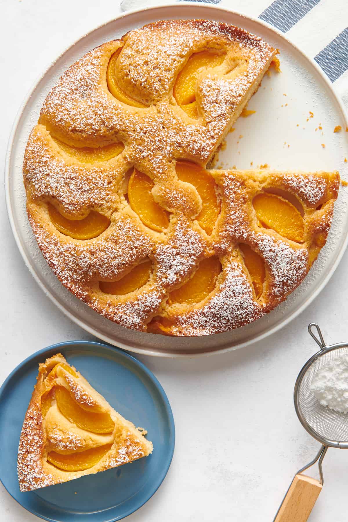 top down image of a plate of peach cake