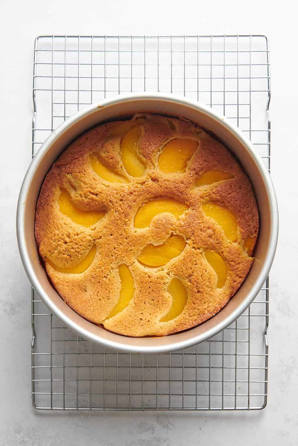 peach cake and fresh sliced peaches in a round cake pan sitting on a wire cookling rack