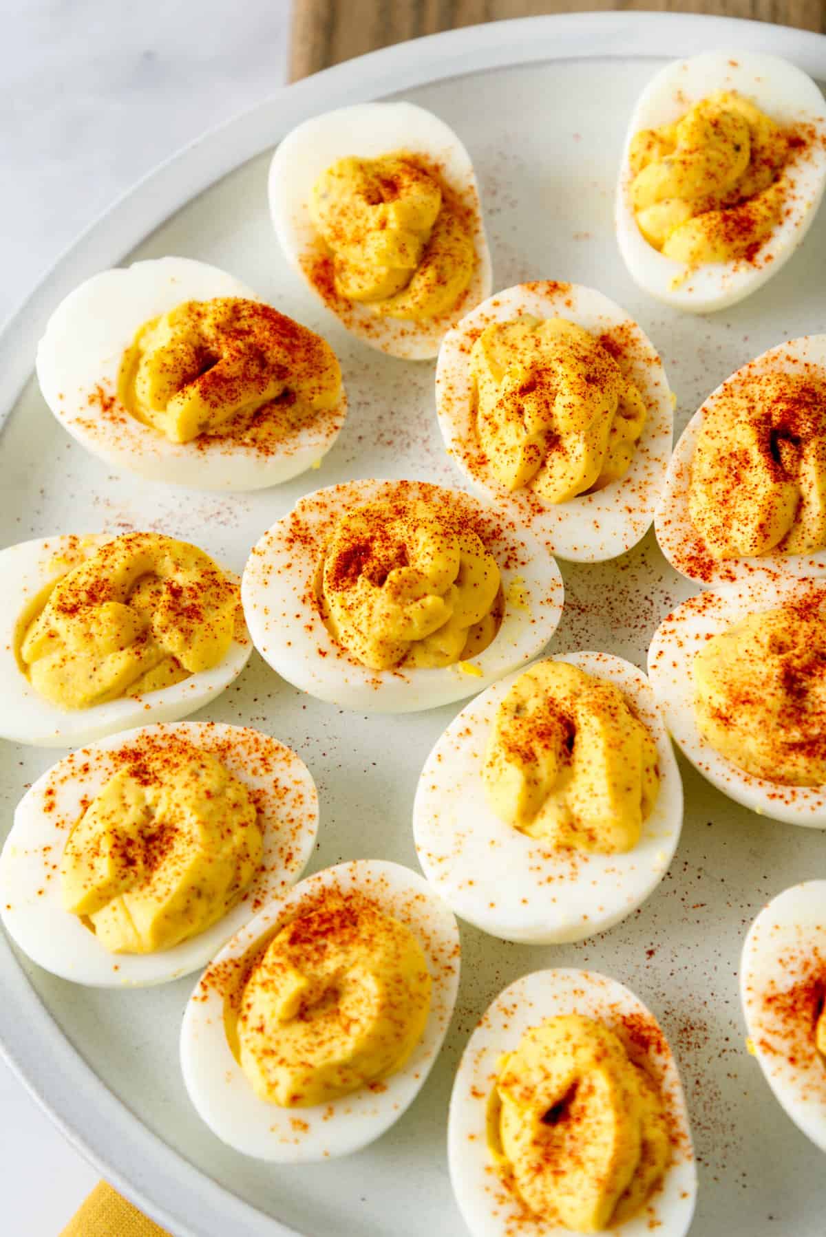 close up image of a plate of southern deviled eggs