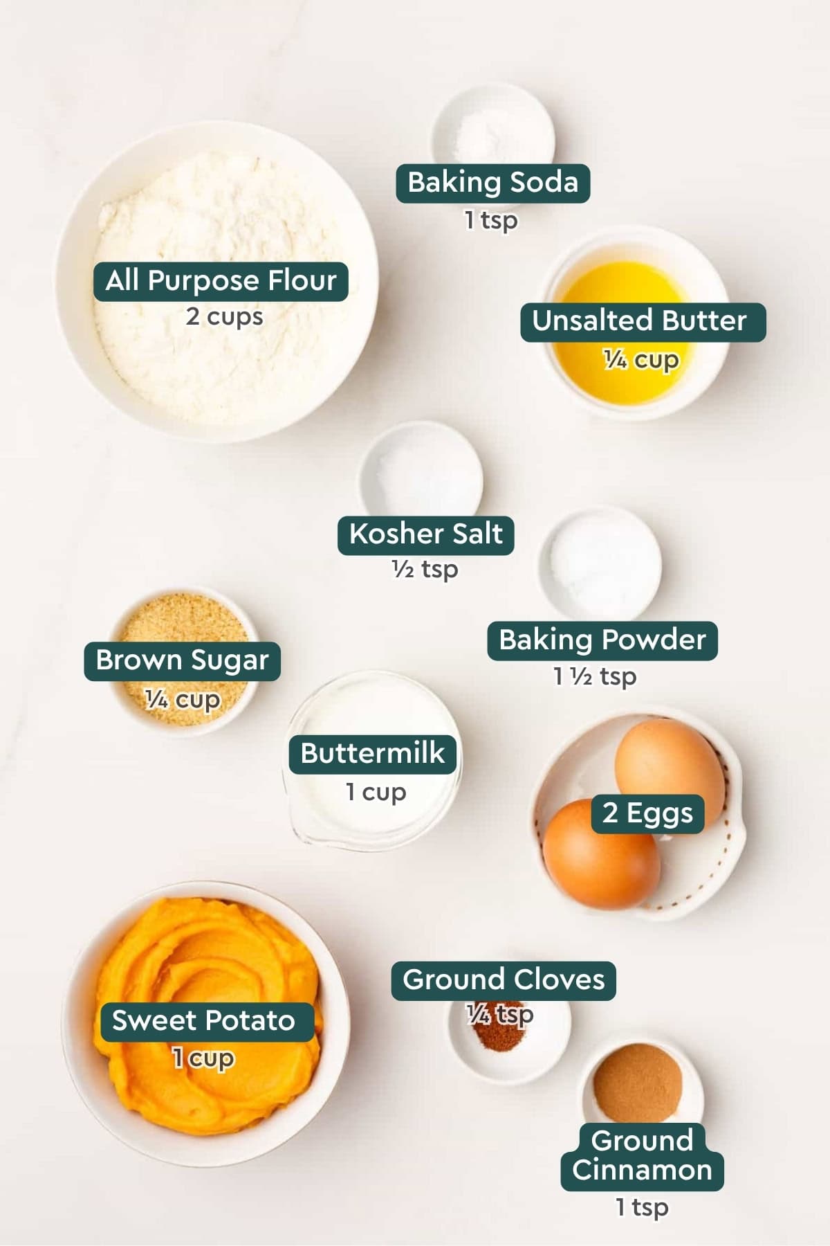 Ingredients needed to make sweet potato waffles. 