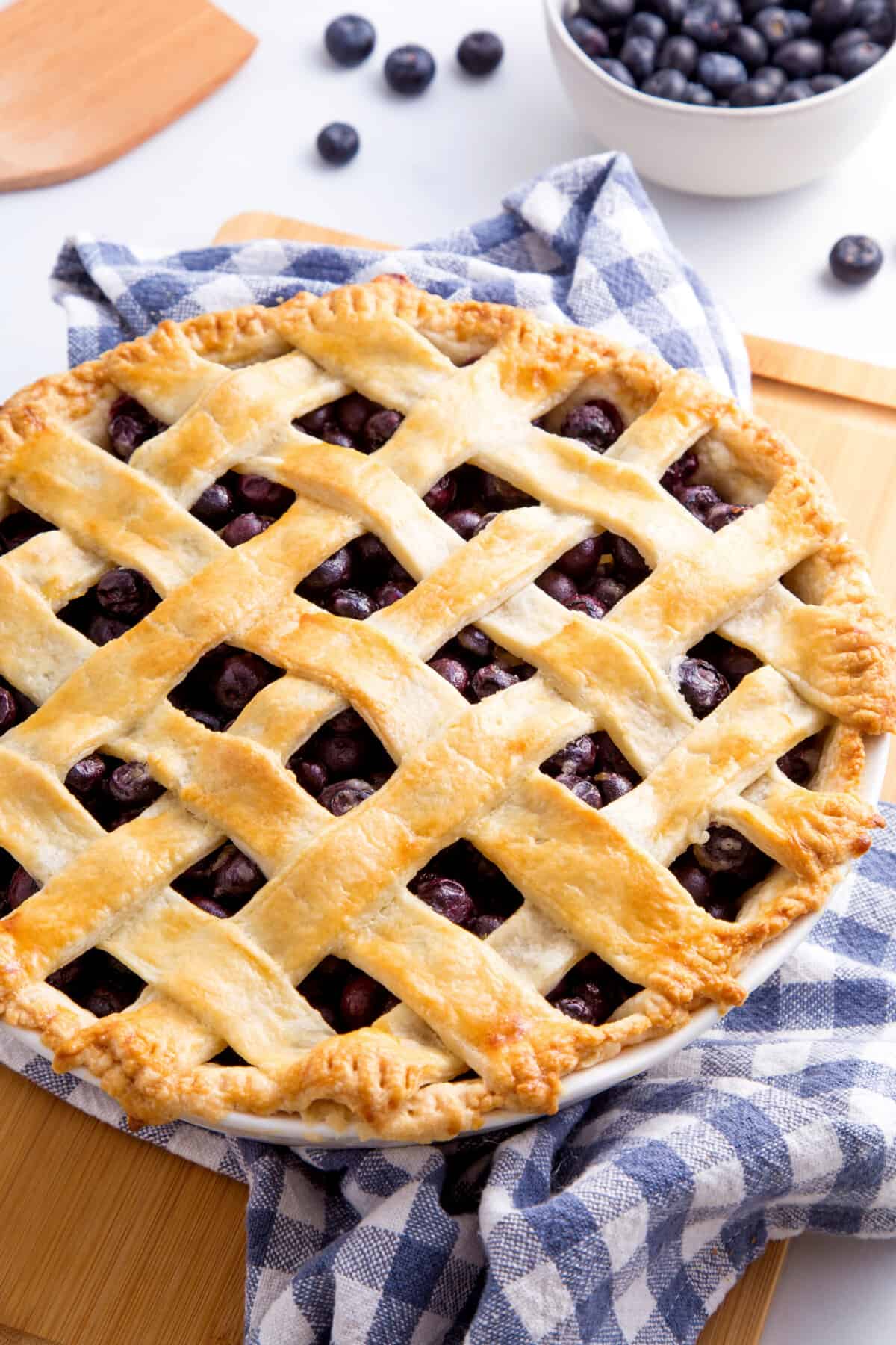 A blueberry pie with a lattice crust.
