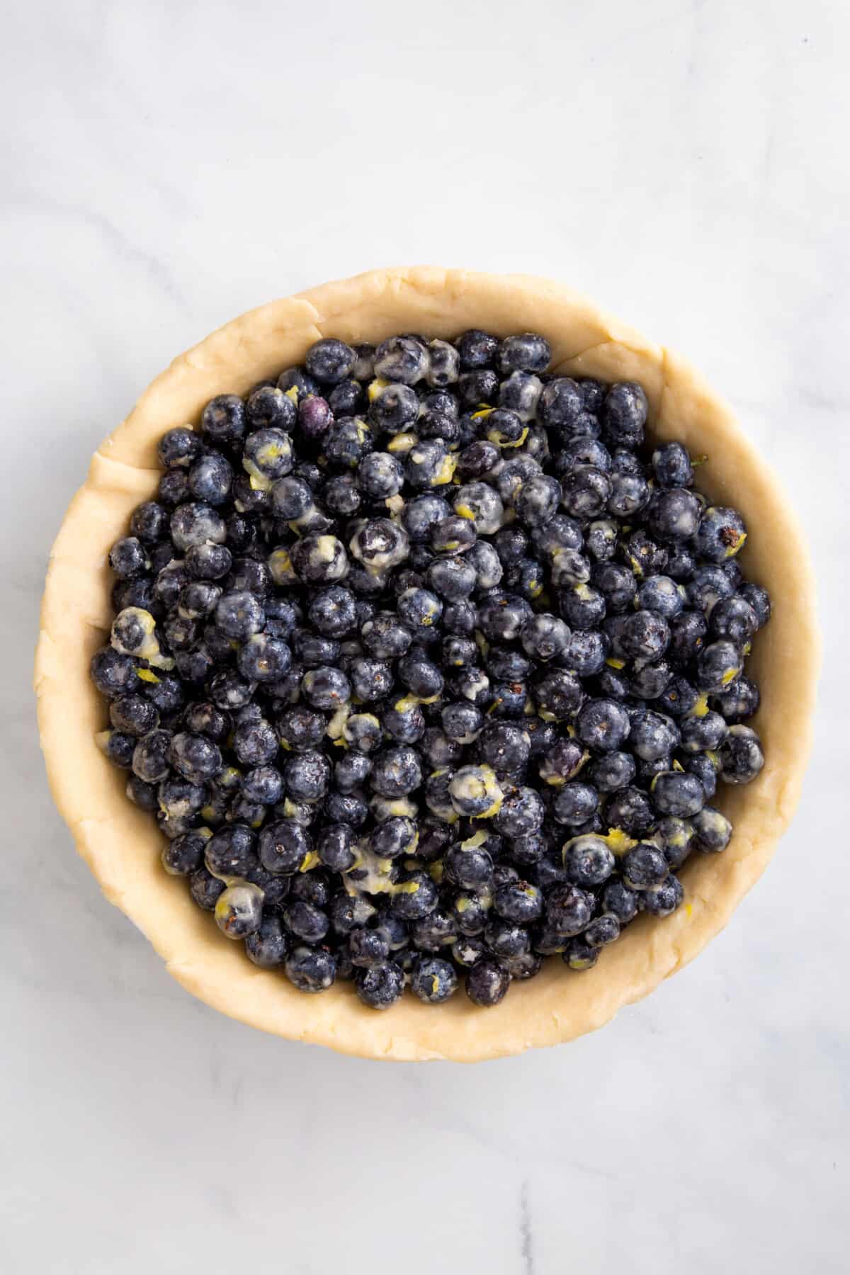 fresh blueberry and lemon zest filling poured into a prepared pie crust-lined pan.