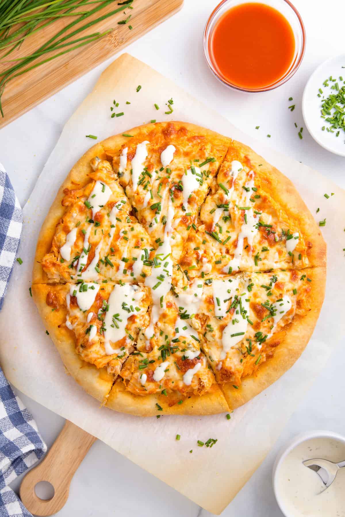 top down image of buffalo chicken pizza