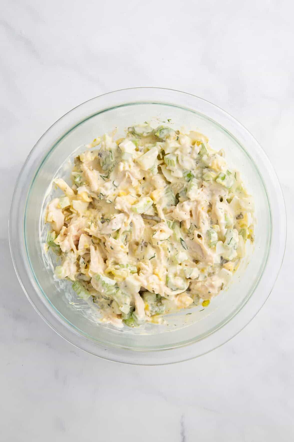 chick fil a chicken salad in a large glass bowl