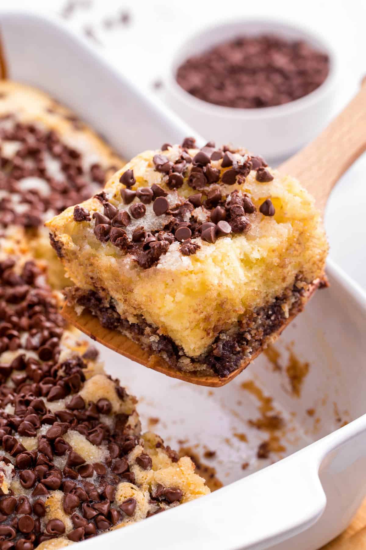 square slice of chocolate chip cake sitting on a wooden spatula