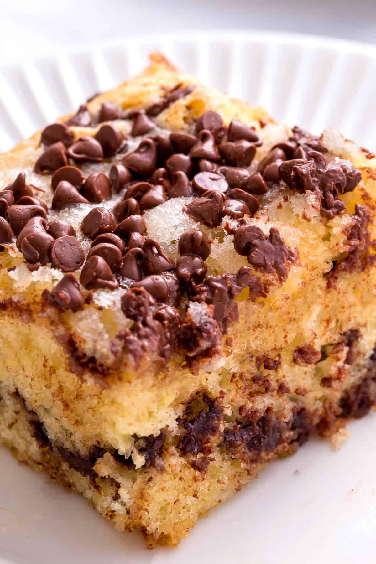 close up image of a serving of chocolate chip cake served on a white round plate