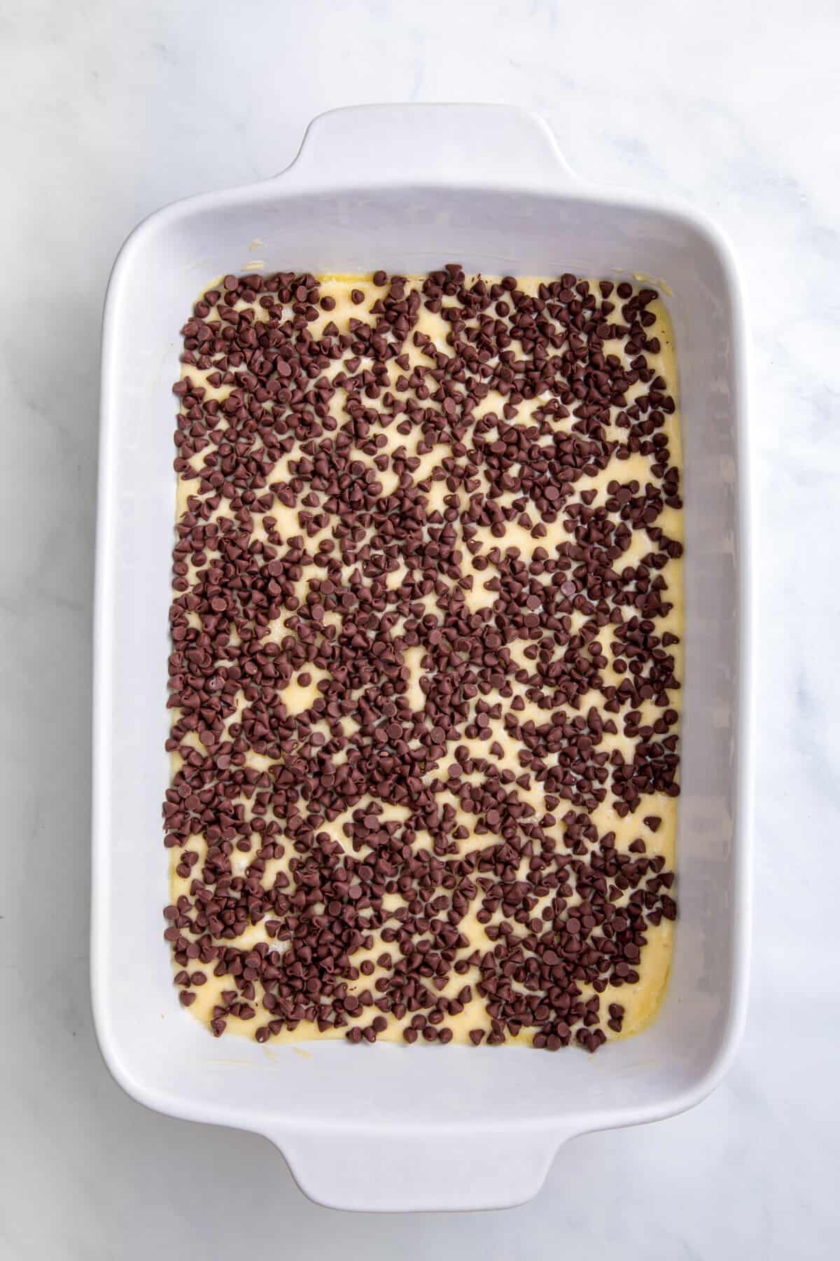 cake batter topped with chocolate chips in a 9x13 baking dish.