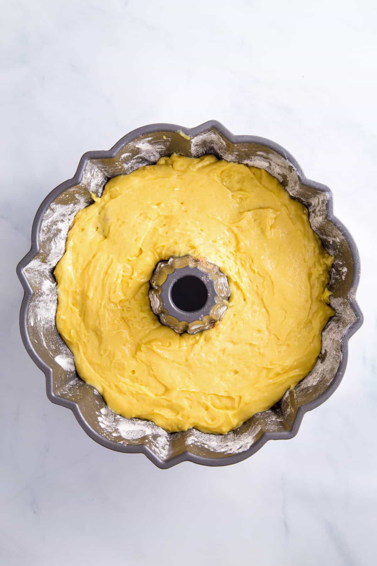 sock it to me cake batter sitting in a bundt cake.