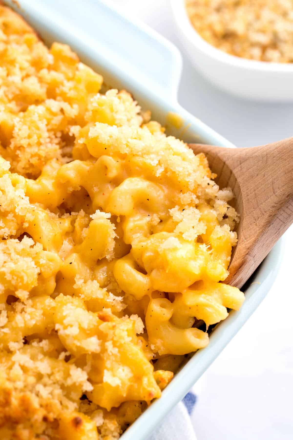 close up image of southern baked mac and cheese