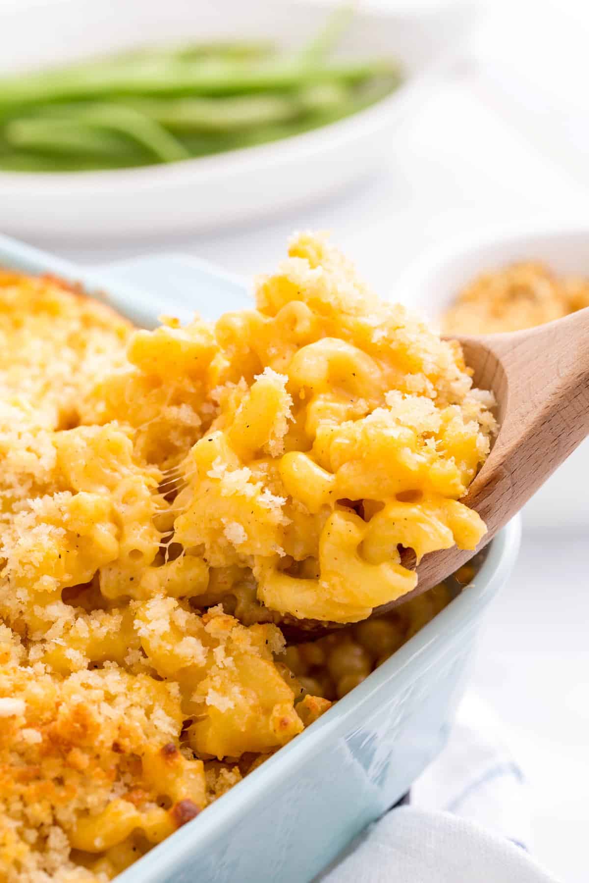 close up image of southern baked mac and cheese