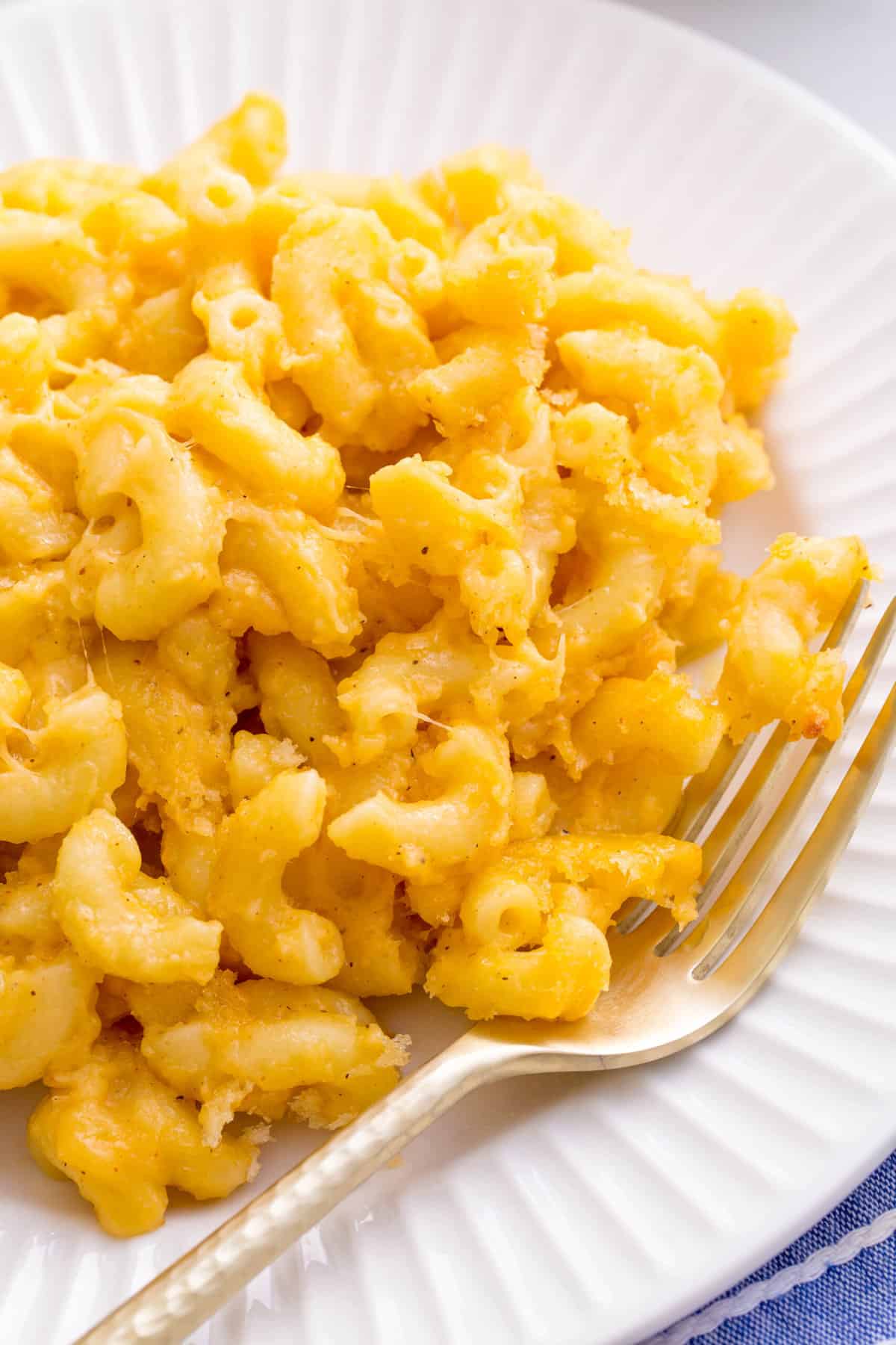 close up image of a plate of southern baked mac and cheese