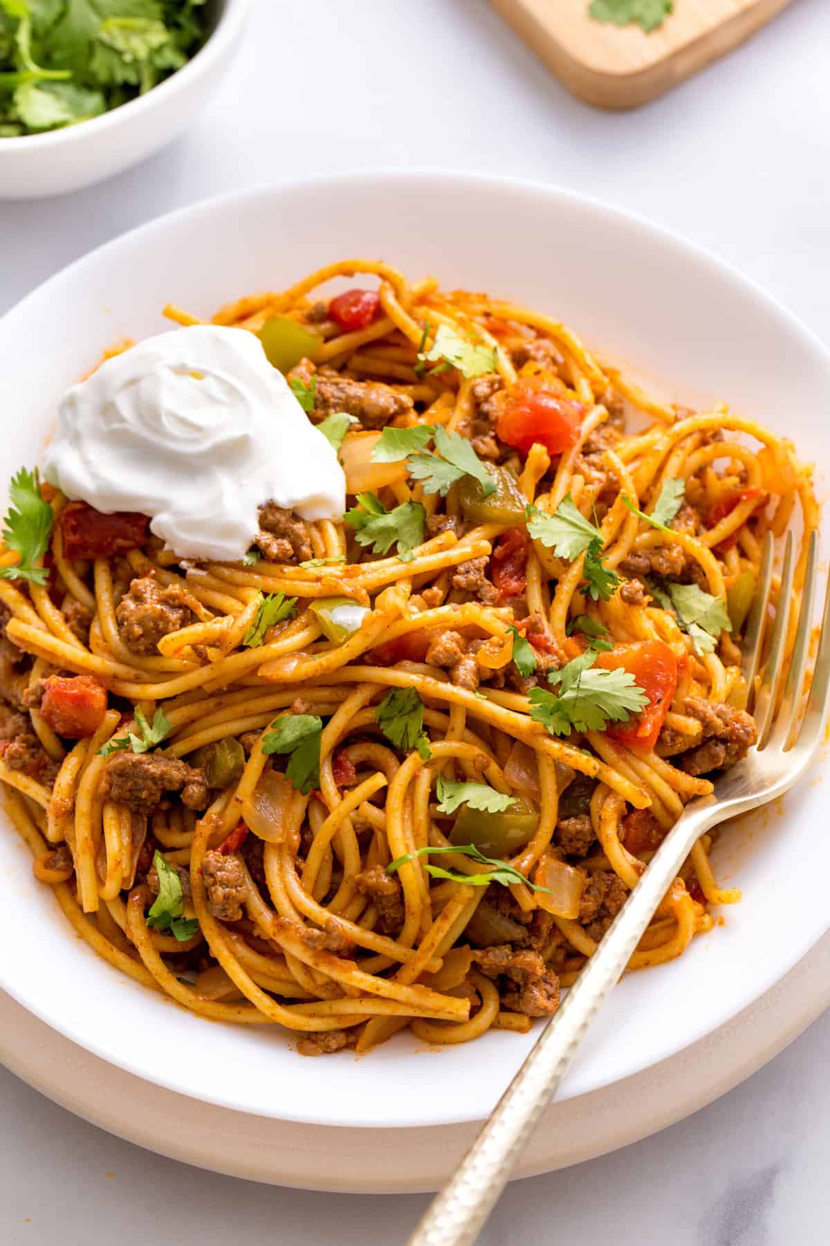 plate of taco spaghetti with a fork