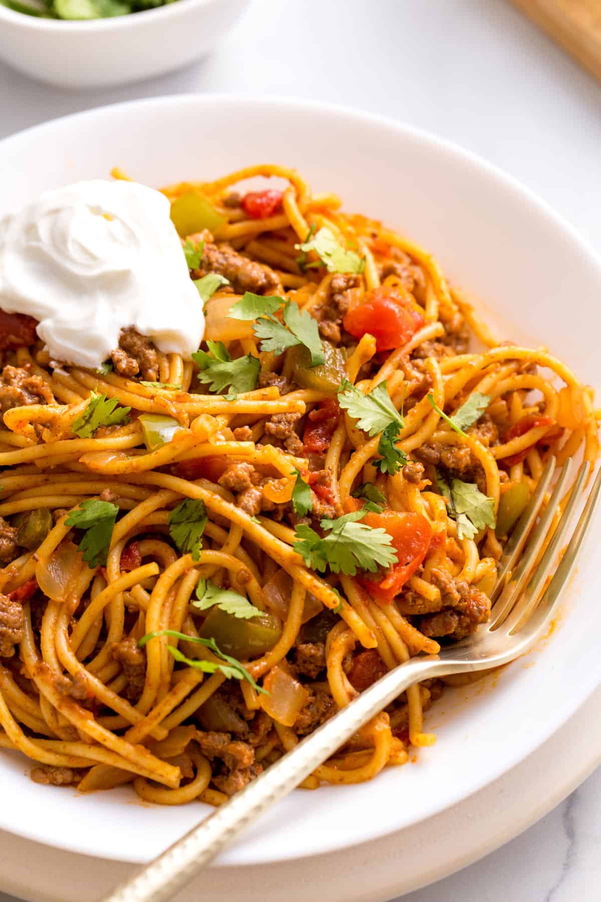 close up image of a plate of taco spaghetti