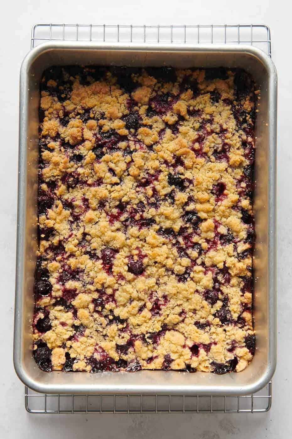 baked blueberry crumble in a 9x13 baking dish