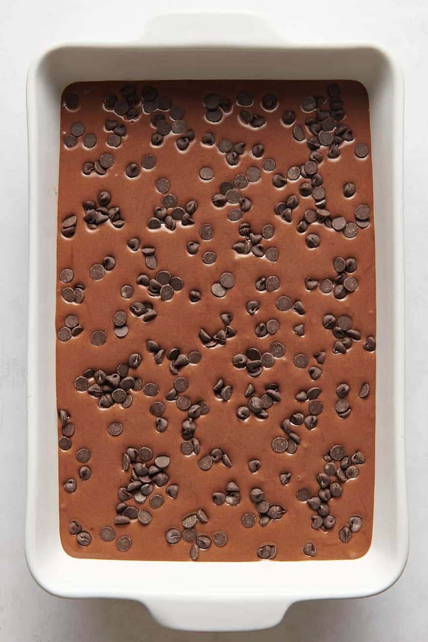 chocolate chips layered on top of chocolate cake batter in a 9x13 casserole dish