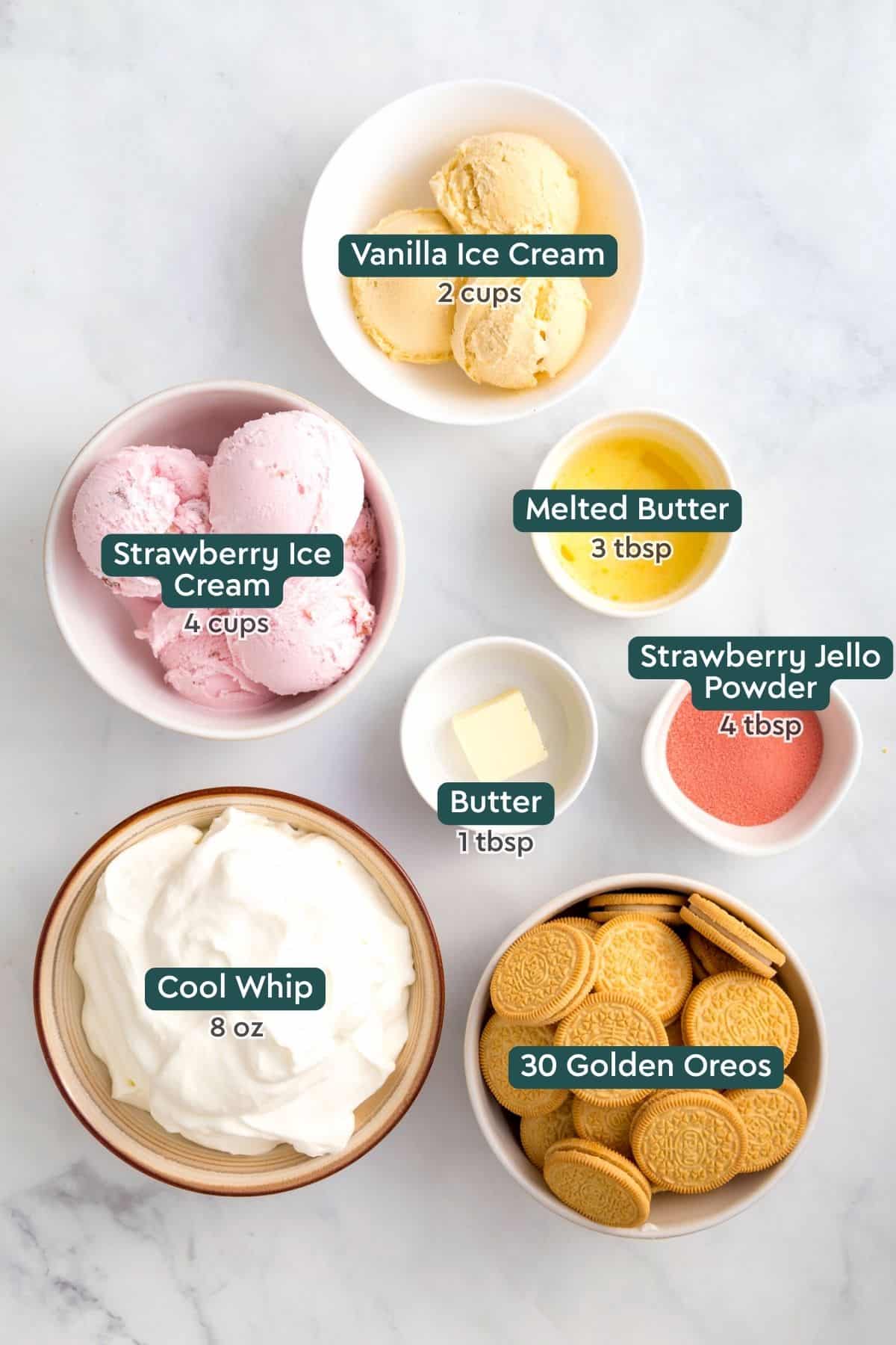 Ingredients for strawberry crunch ice cream cake, including vanilla ice cream, strawberry ice cream, butter, jello, golden oreos, and cool whip.