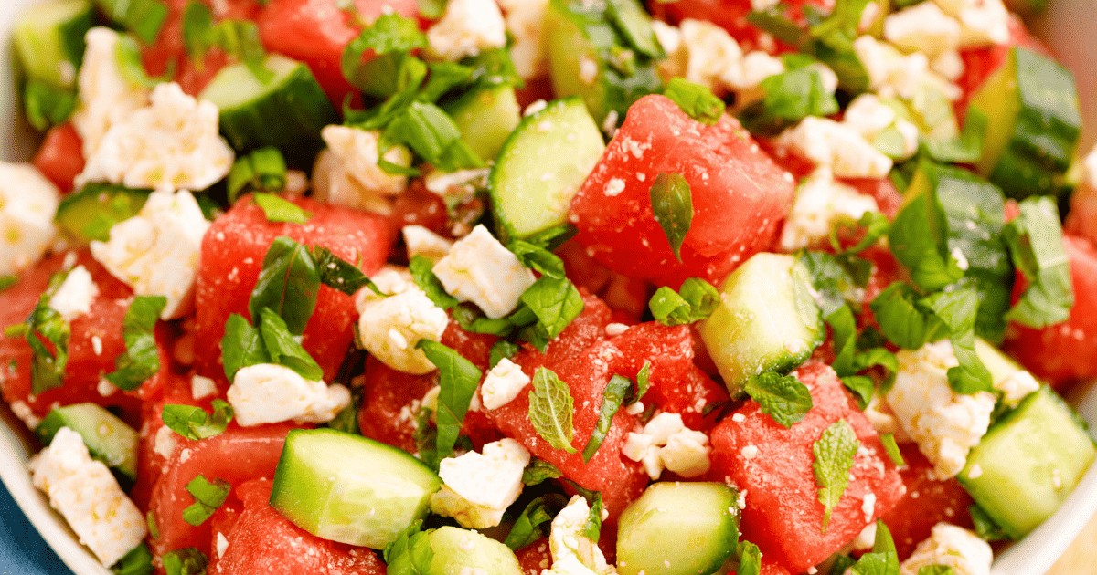 Close up view of watermelon and feta salad. 