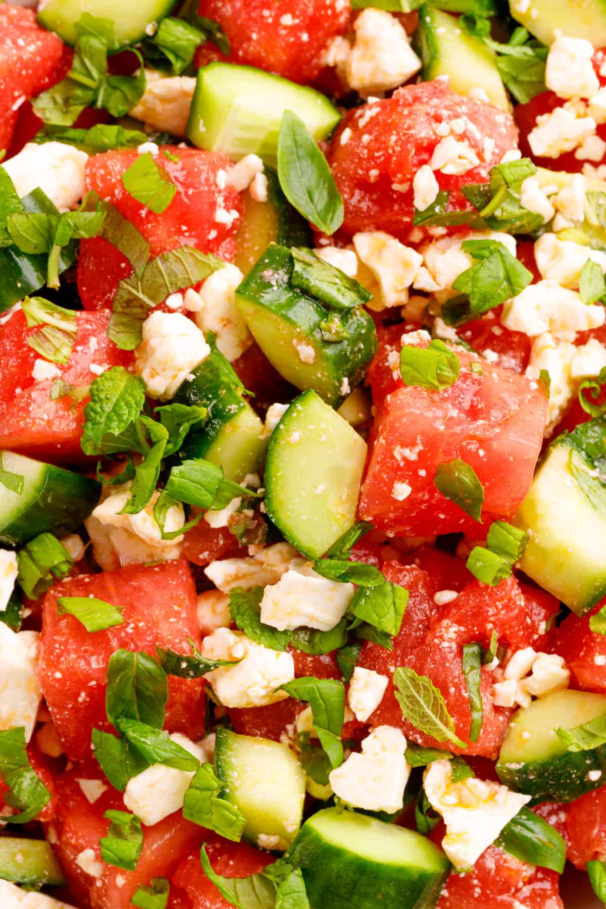 close up image of watermelon and feta salad