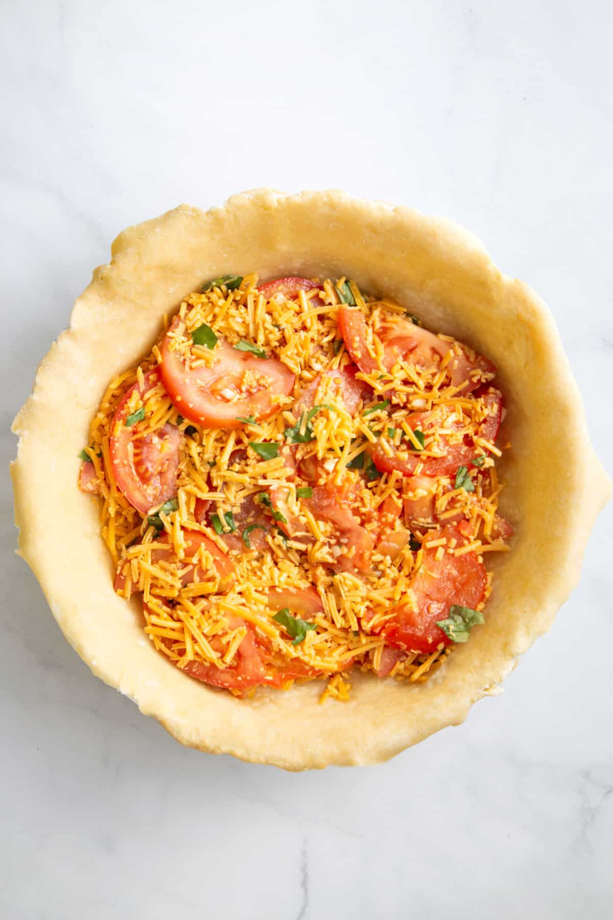 sliced fresh tomatoes in a prepared pie crust lined dish with shredded cheese and chopped basil