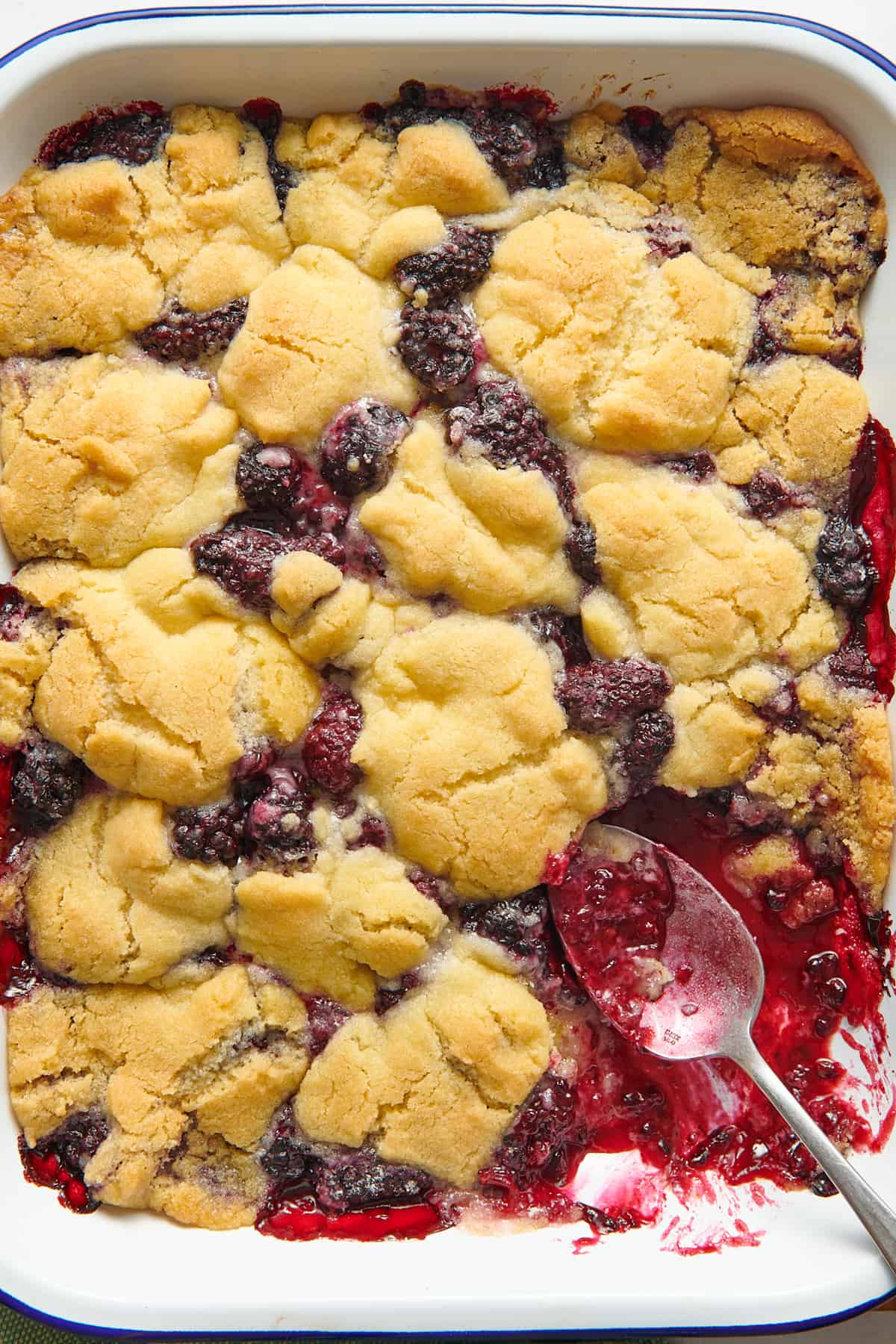 close up top down image of baked blackberry cobbler