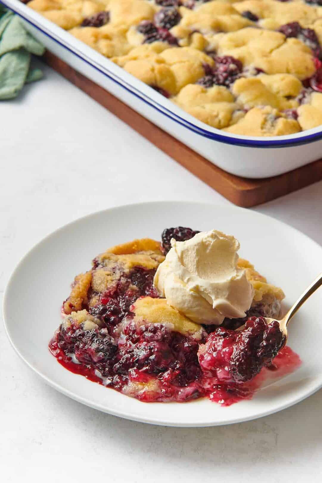 serving of blackberry cobbler with a scoop of vanilla ice cream on top served on a white round plate